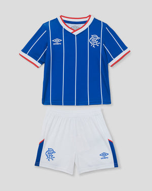 Blue and white sports jersey and shorts set with Umbro logo on a light gray background