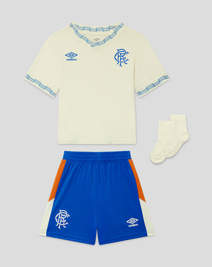 Children's sports outfit with jersey, shorts, and socks on a light gray background