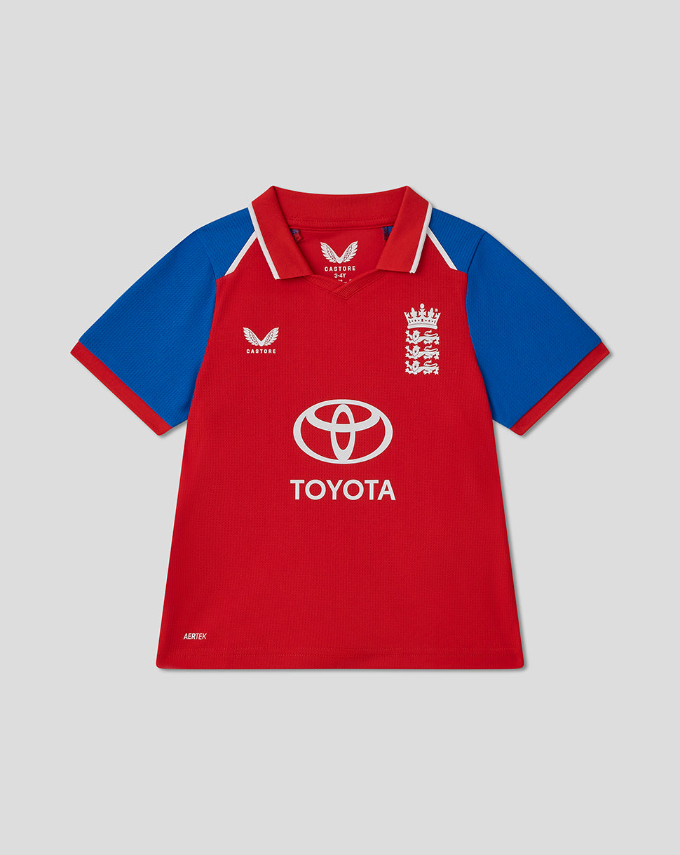 Red sports jersey with blue sleeves featuring Toyota logo on a gray background