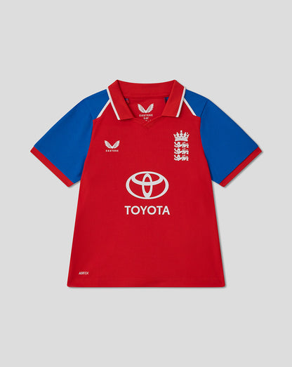 Red sports jersey with blue sleeves featuring Toyota logo on a gray background