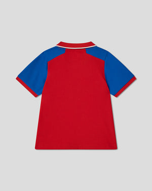 Red and blue polo shirt on a light gray background