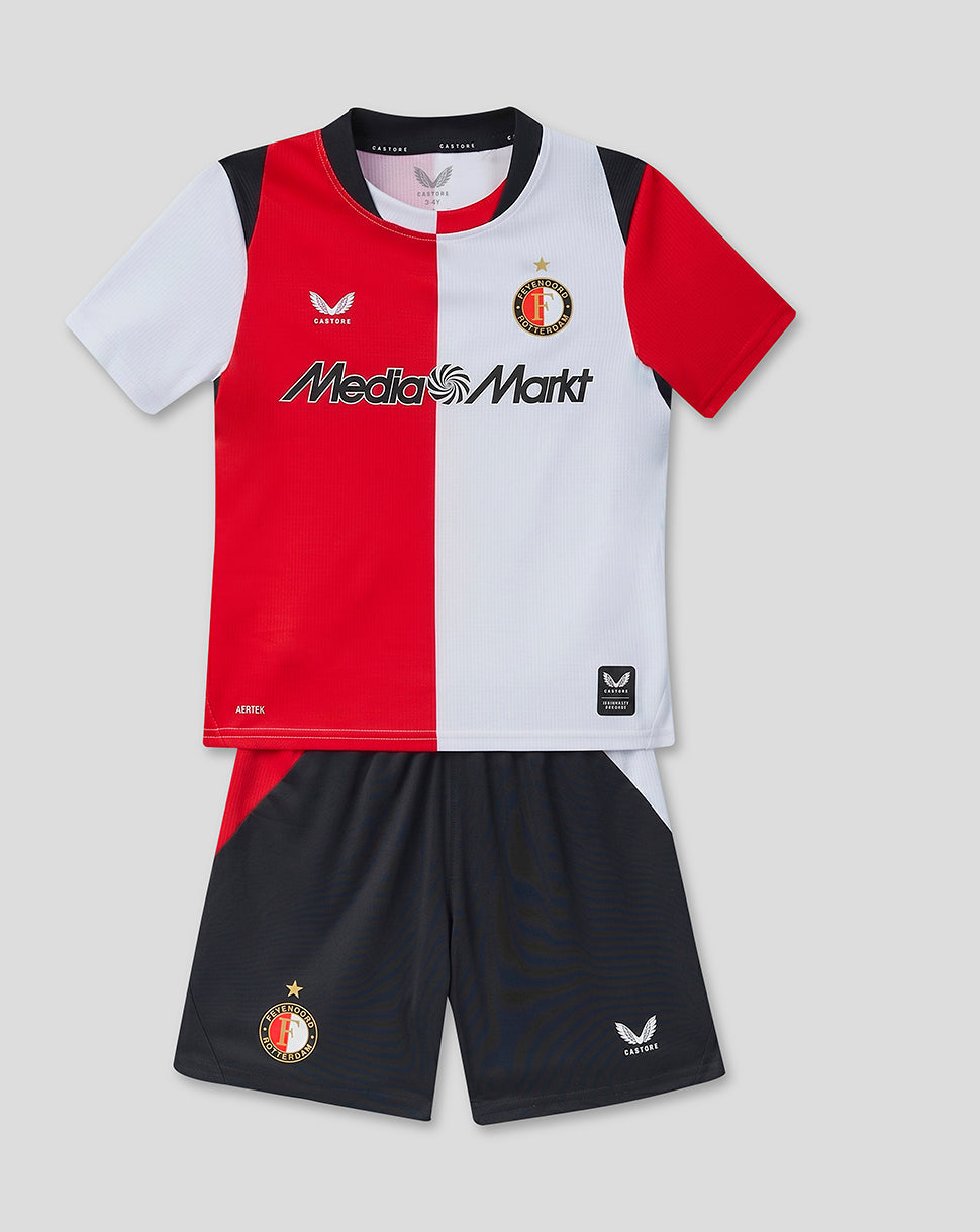 Feyenoord Junior 2026-27 home kit front view with red and white split jersey club crest sponsor logo and dark shorts
