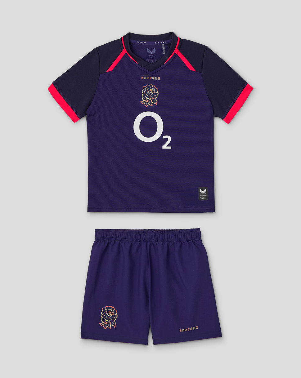 Navy sports outfit with red accents on a light gray background