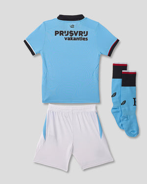 Back view of light blue Feyenoord junior away shirt with black collar and cuffs and sponsor text.
