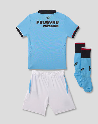 Back view of light blue Feyenoord junior away shirt with black collar and cuffs and sponsor text.