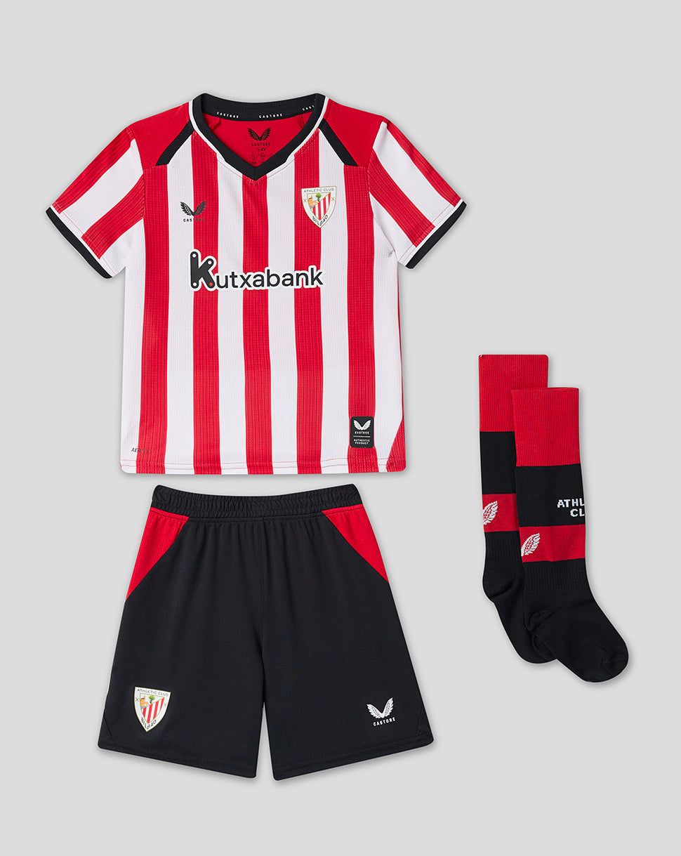 Athletic Club junior 26/27 home kit laid out including striped shirt shorts and socks