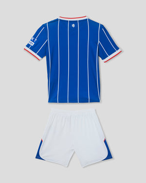Blue and white sports outfit with a logo on a light gray background