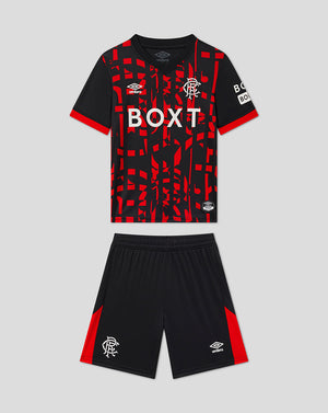 A two-piece football kit for young fans, featuring a black and red patterned short-sleeve jersey with 'BOXT' sponsor branding and 'Rangers' club crest, paired with matching black shorts with red side panels and white club crest details, all displayed on a neutral gray background.