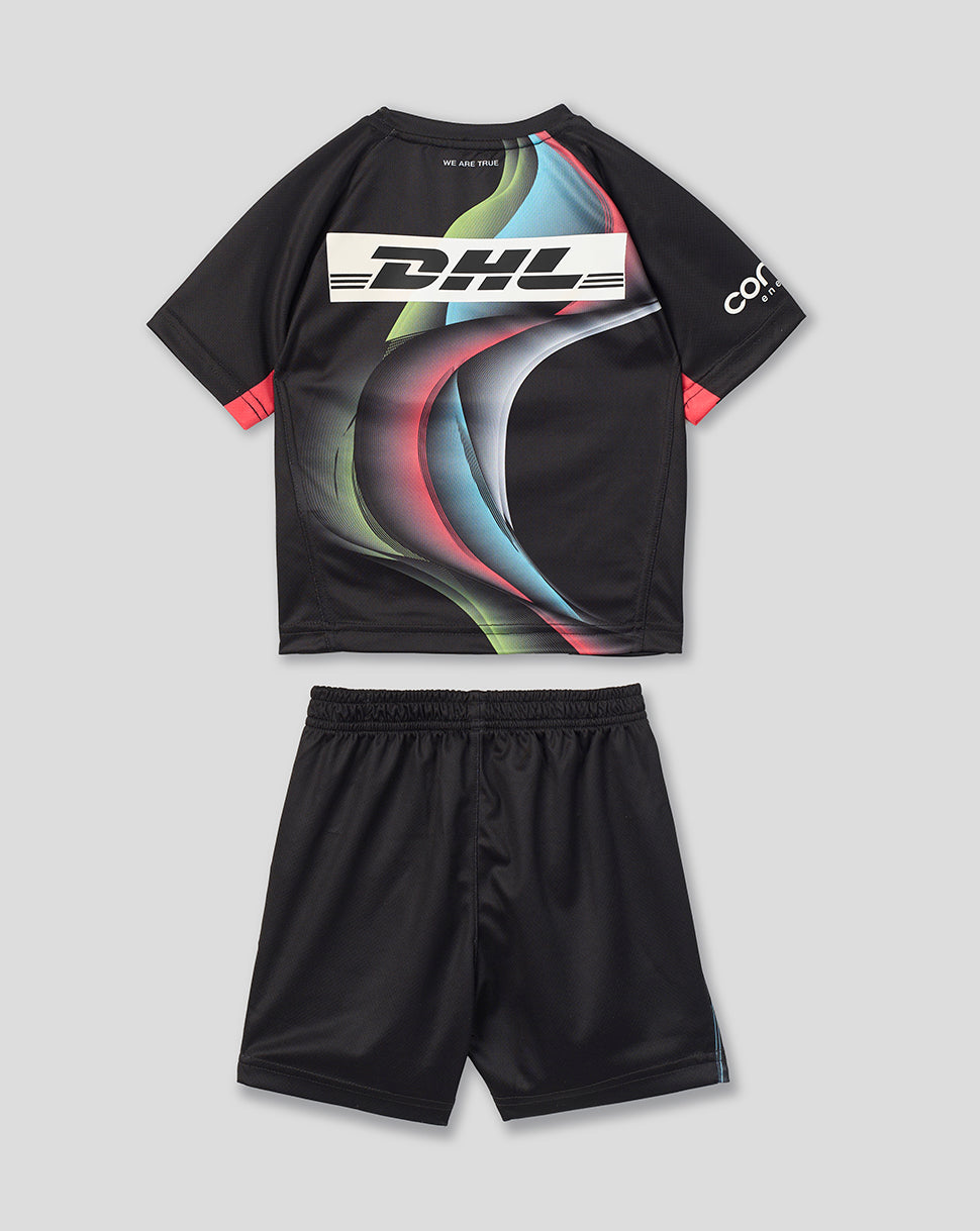 A kids' two-piece athletic set featuring a black short-sleeve jersey with a colorful abstract wave graphic and a white DHL logo across the chest, paired with matching black shorts, shown on a neutral gray background.