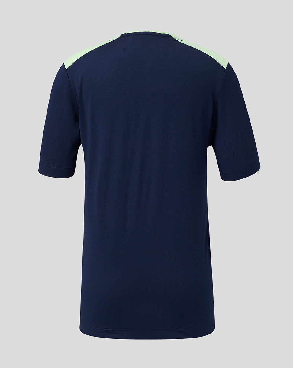 Back view of navy Athletic Club junior training shirt with mint shoulder panels.