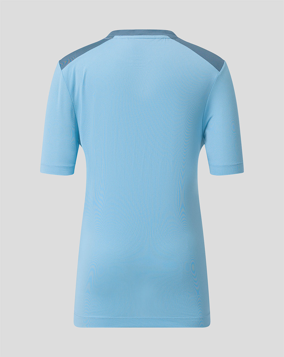 Back view of FC Twente Junior training shirt in light blue with darker shoulder panels