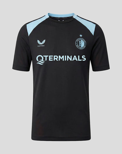 Front view of Feyenoord Junior training coaches shirt in black with sky blue shoulder panels and QTERMINALS across the chest