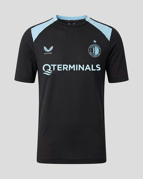 Front view of Feyenoord Junior training coaches shirt in black with sky blue shoulder panels and QTERMINALS across the chest