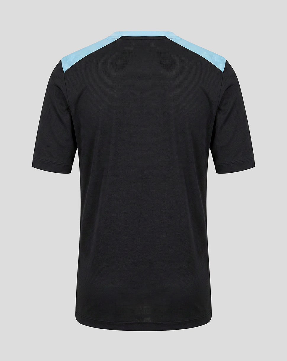 Back view of Feyenoord Junior training coaches shirt in black with sky blue shoulder panels