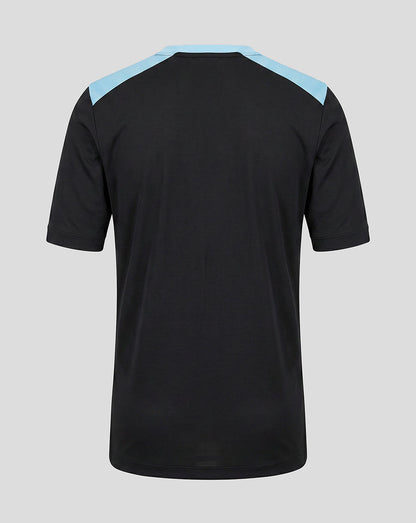 Back view of Feyenoord Junior training coaches shirt in black with sky blue shoulder panels