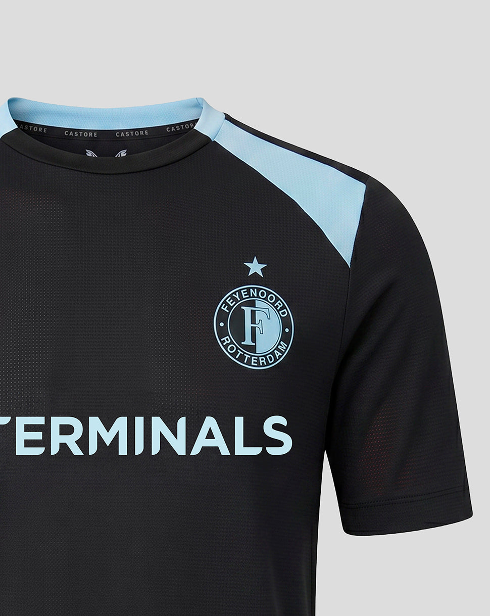 Close up of chest showing the Feyenoord crest with sky blue star and QTERMINALS across the front on black fabric