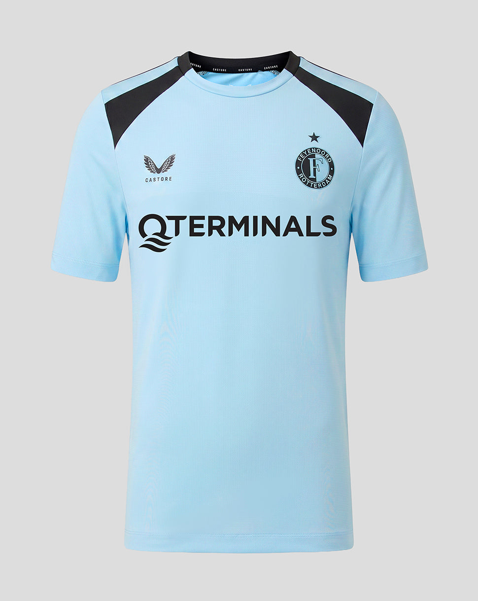 Front view of Feyenoord Junior training shirt in light blue with black shoulder panels, featuring the club crest and TERMINALS sponsor