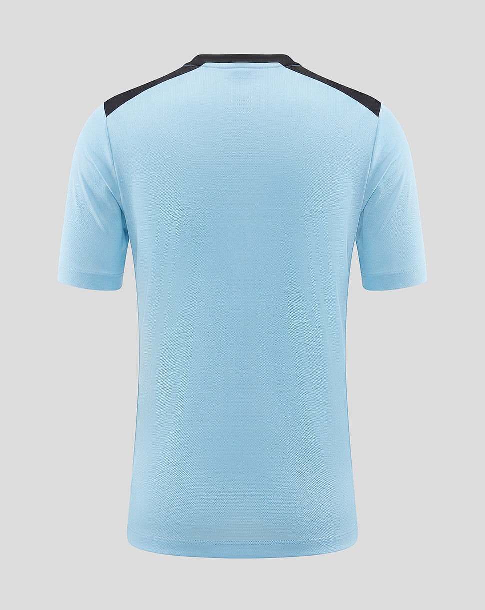 Back view of Feyenoord Junior training shirt in light blue with black shoulder panels