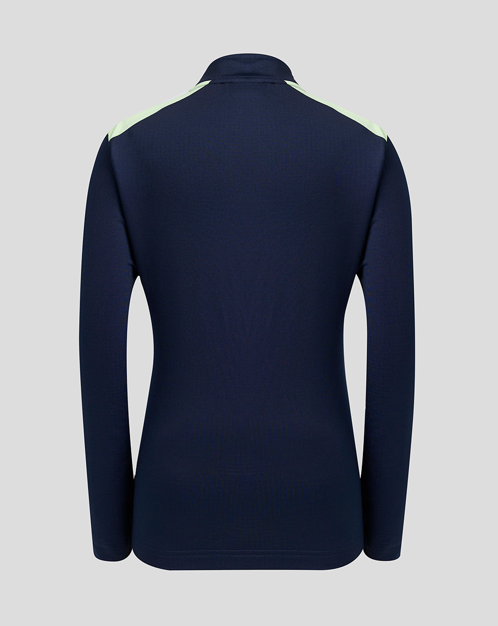 Back view of navy blue training top featuring light lime shoulder panels and a high collar