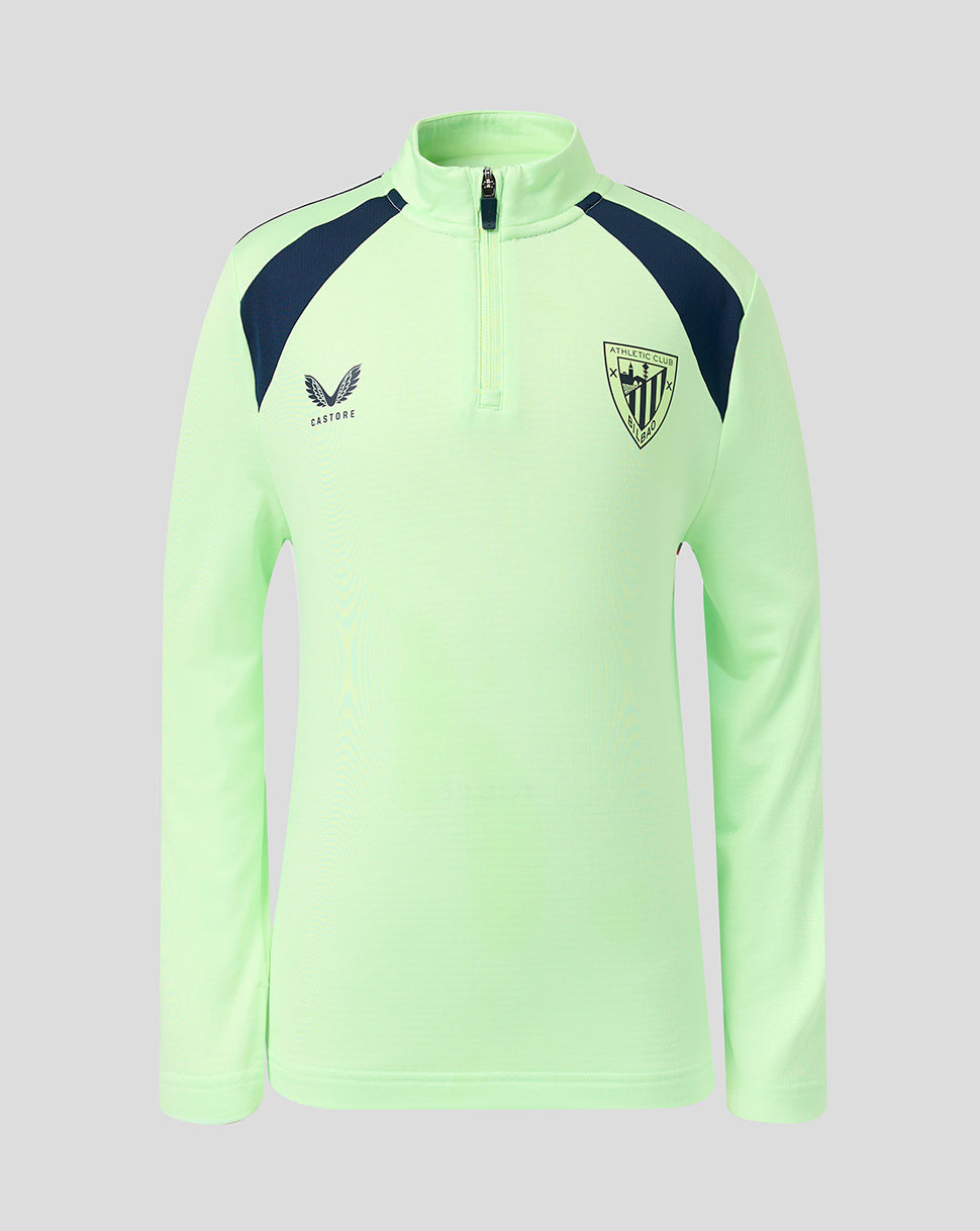 Front view of neon green Athletic Club junior training shirt with navy shoulder panels and crest on chest