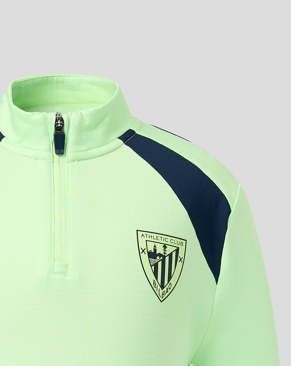 Close-up of neon green quarter zip collar with navy shoulder panel and crest on chest