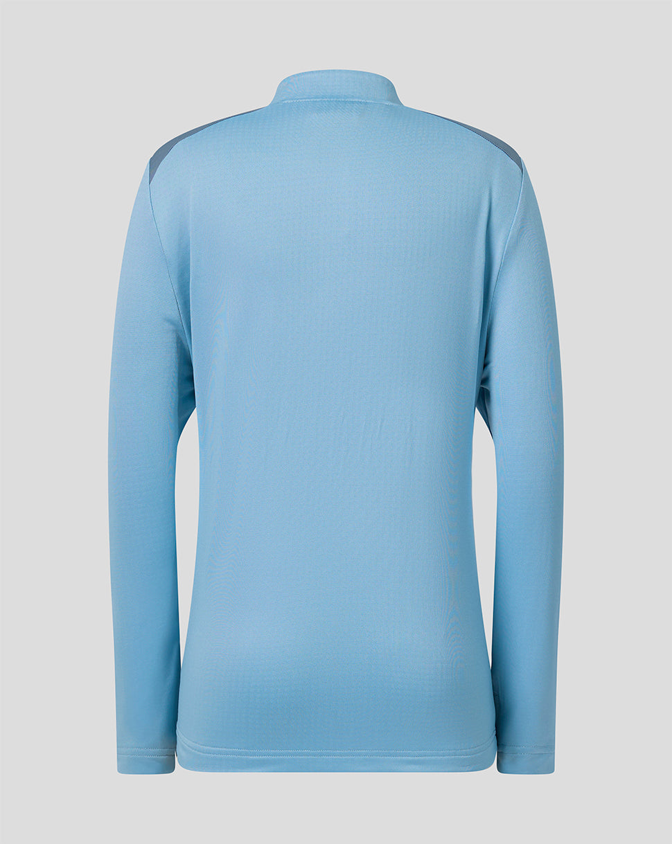Back view of light blue FC Twente training mid layer top with contrasting shoulder panels.