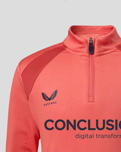 Front view of rosy pink FC Utrecht midlayer featuring crest and large CONCLUSION digital transformation text