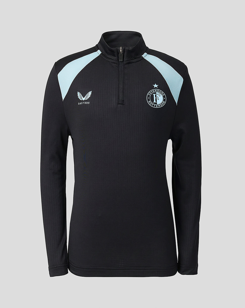 Feyenoord junior training jacket in black with light blue shoulder panels and club crest on the left chest