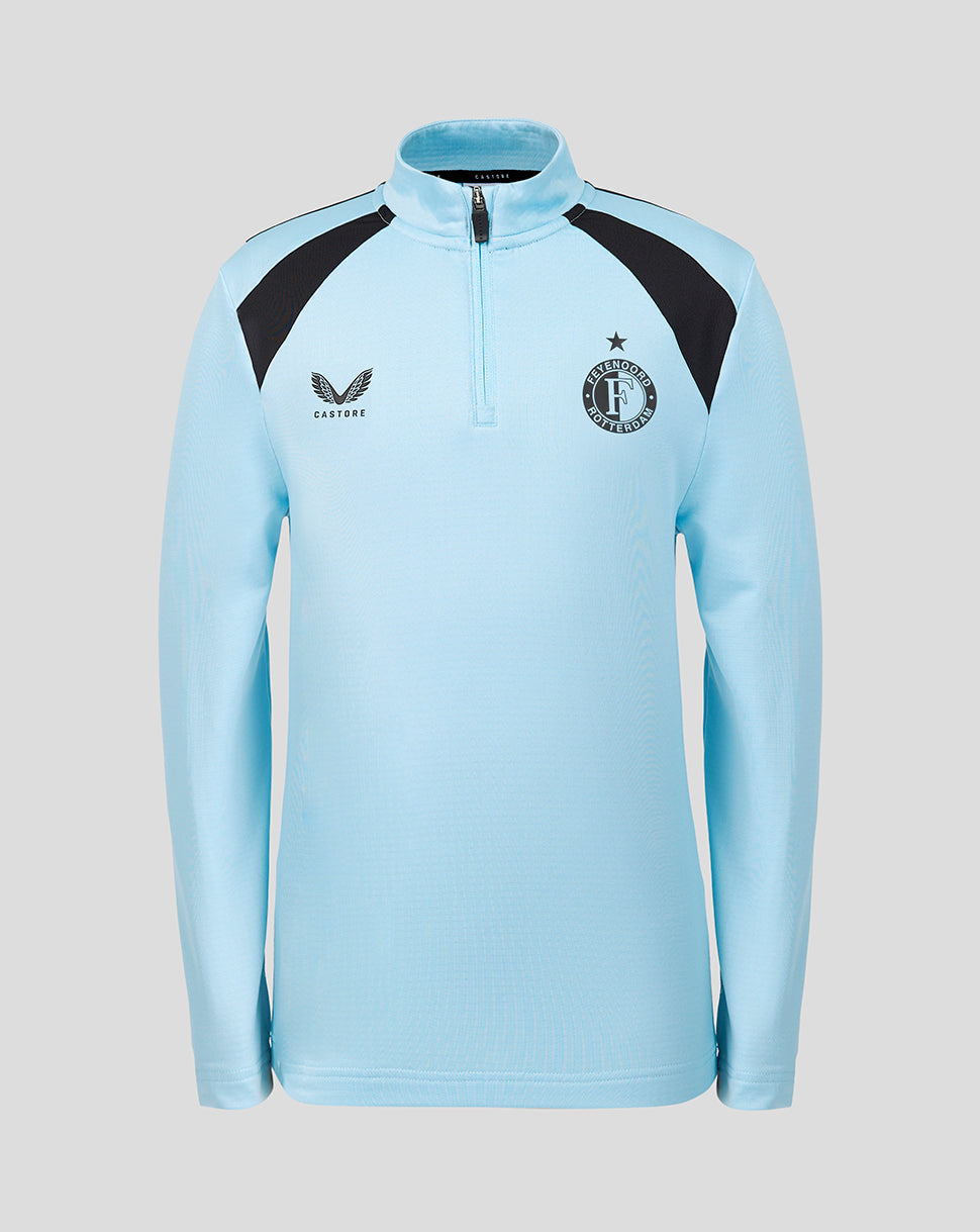 Front view of a junior Feyenoord training top in light blue with black shoulder panels and crest.