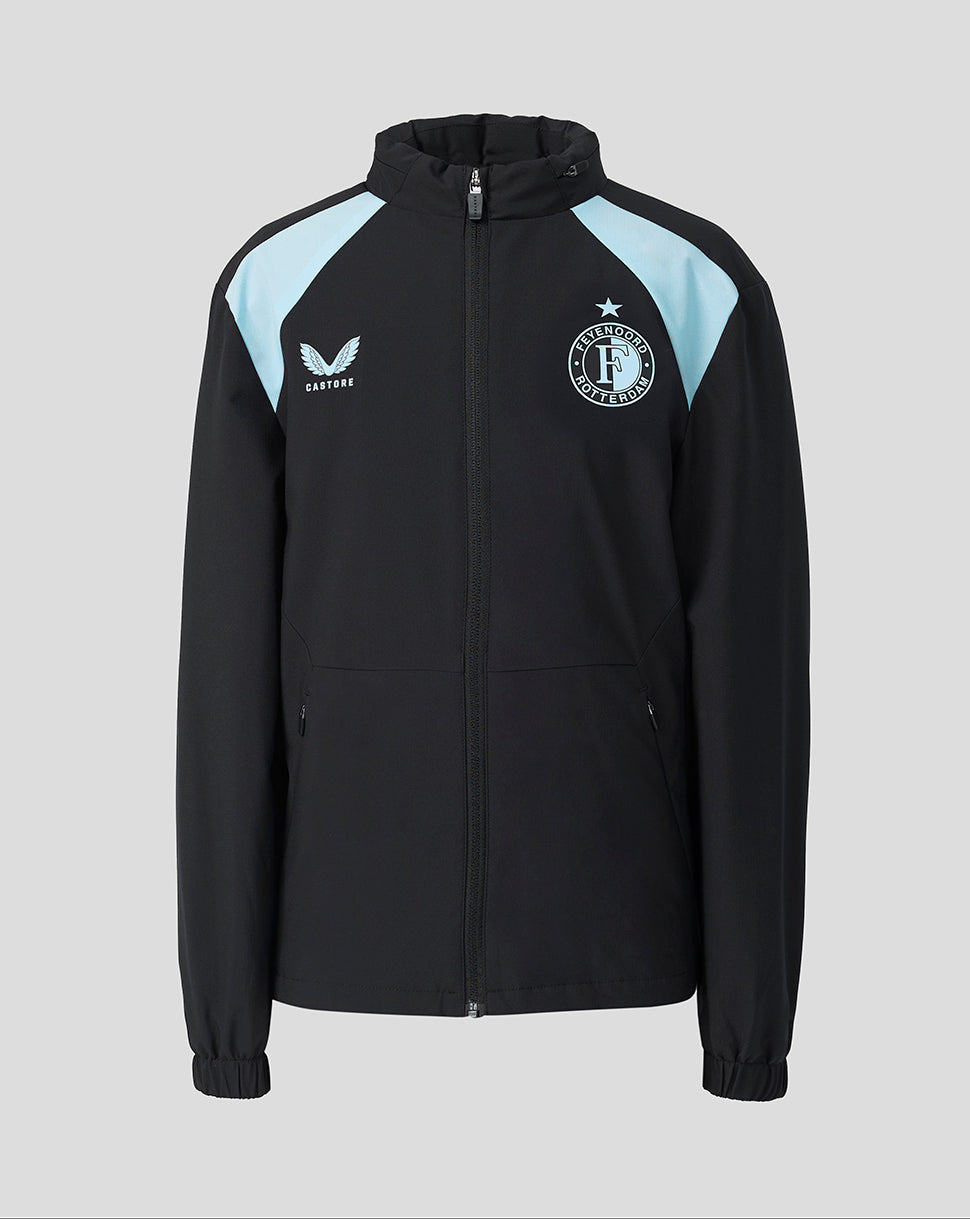 Front view of a black Feyenoord training jacket with light blue shoulder panels and a full front zipper