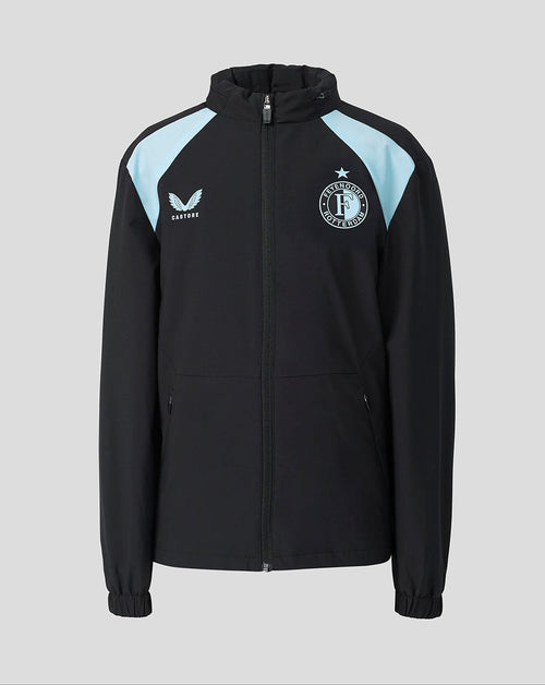 Front view of a black Feyenoord training jacket with light blue shoulder panels and a full front zipper
