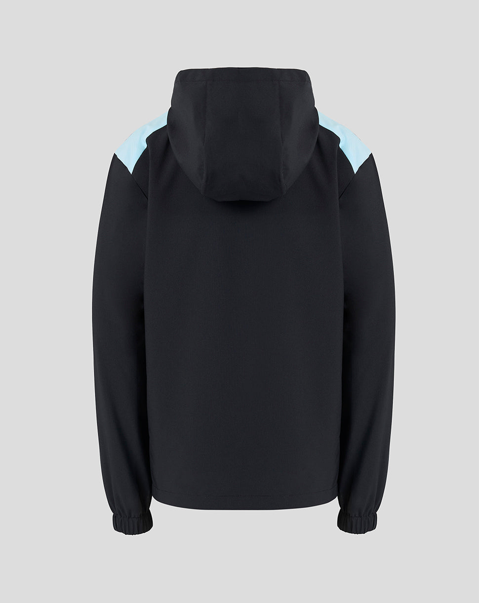 Back view of the black Feyenoord training jacket with a hood and light blue shoulder panels
