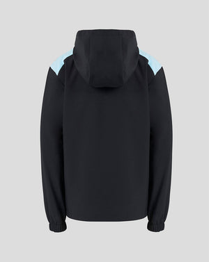 Back view of the black Feyenoord training jacket with a hood and light blue shoulder panels