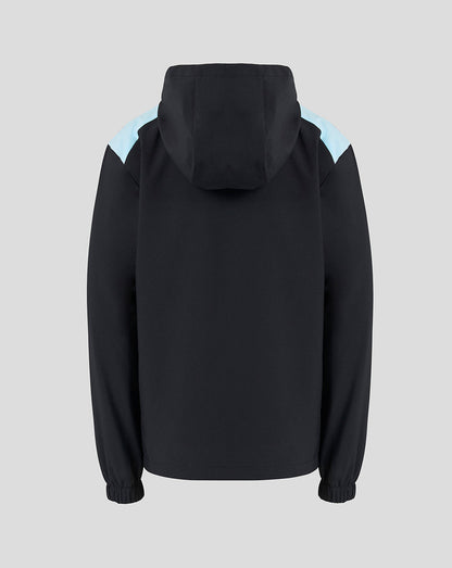 Back view of the black Feyenoord training jacket with a hood and light blue shoulder panels