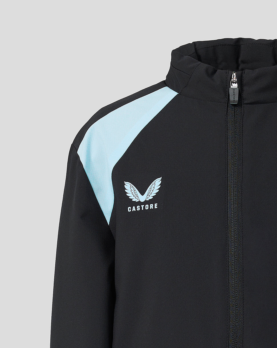 Chest view of black Feyenoord training jacket with light blue shoulder panel and Castore emblem