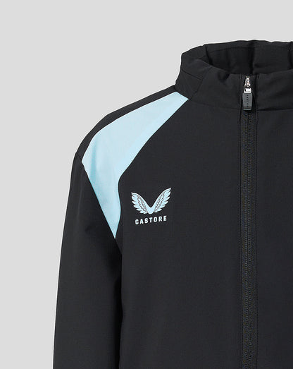 Chest view of black Feyenoord training jacket with light blue shoulder panel and Castore emblem