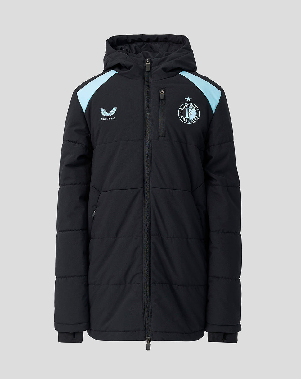 Junior Feyenoord padded training jacket in black with light blue shoulder panels, hood, and left chest crest.