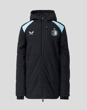 Junior Feyenoord padded training jacket in black with light blue shoulder panels, hood, and left chest crest.
