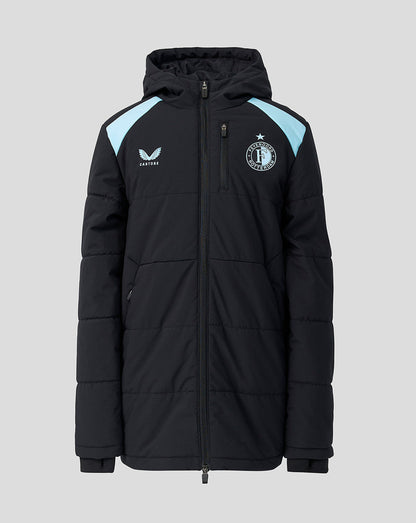 Junior Feyenoord padded training jacket in black with light blue shoulder panels, hood, and left chest crest.