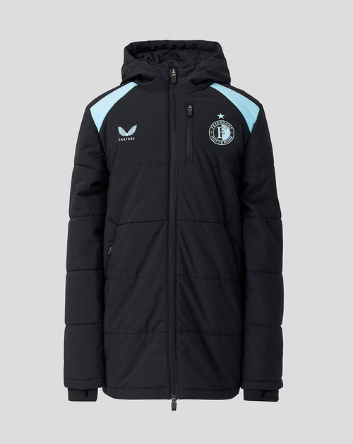 Junior Feyenoord padded training jacket in black with light blue shoulder panels, hood, and left chest crest.
