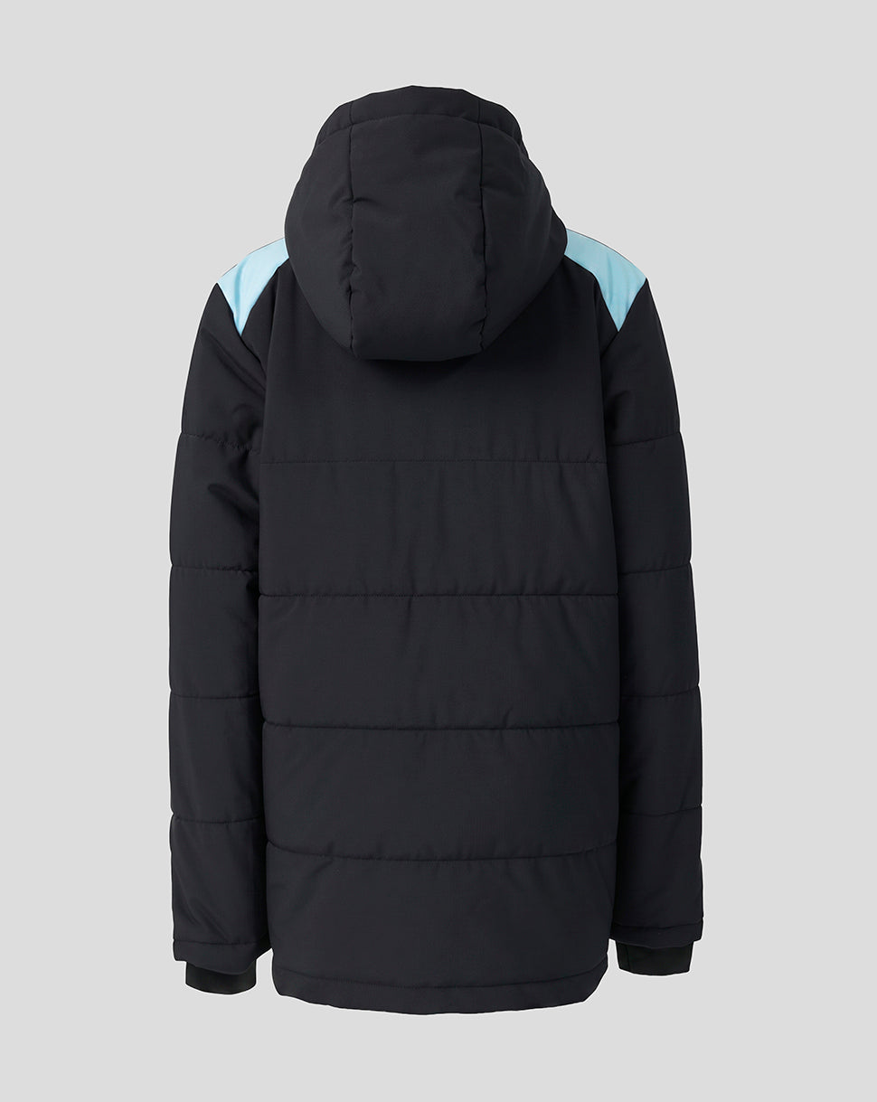 Back view of a black padded Feyenoord training jacket with hood and light blue shoulder panels.