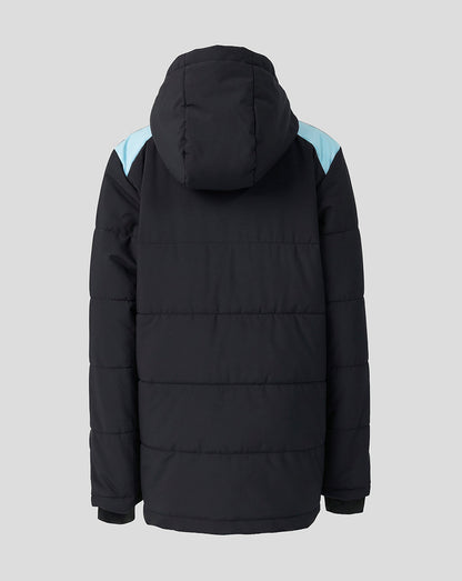 Back view of a black padded Feyenoord training jacket with hood and light blue shoulder panels.