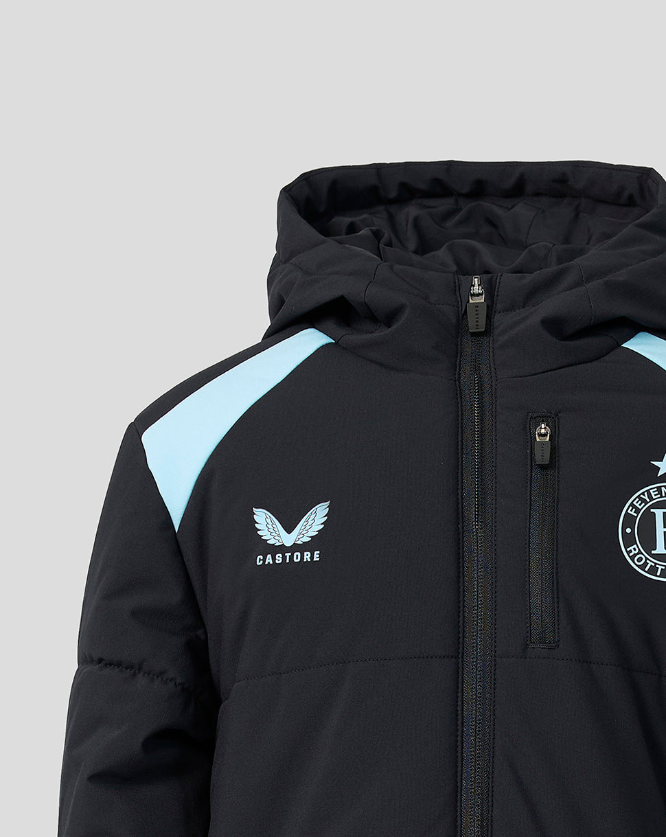 Feyenoord junior padded jacket with light blue shoulder panel Castore logo and club crest.
