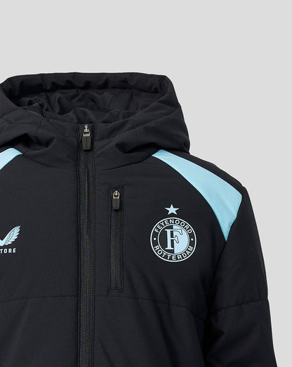 Feyenoord junior training padded jacket in black with light blue shoulder panels and club crest on chest.