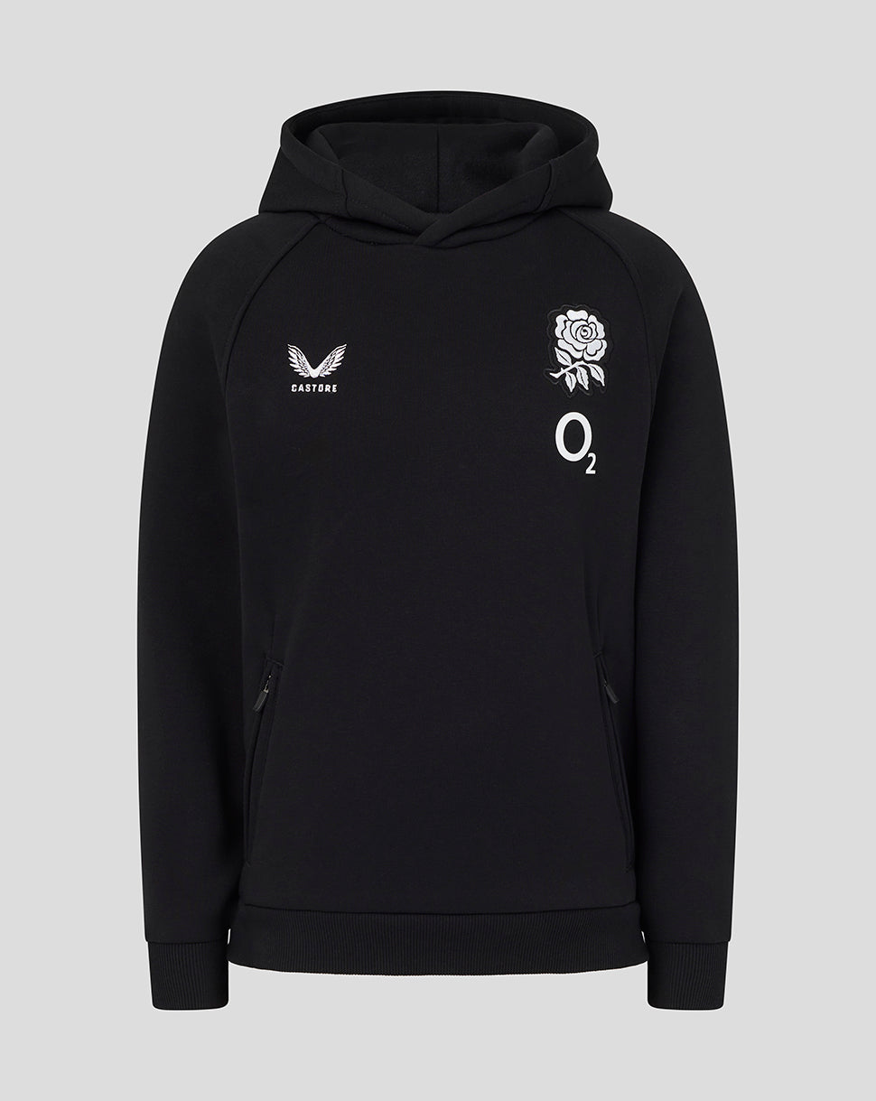 Black hoodie with white logos on a light gray background