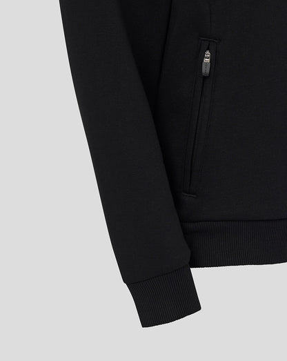 Black sweatshirt with a pocket on a light gray background
