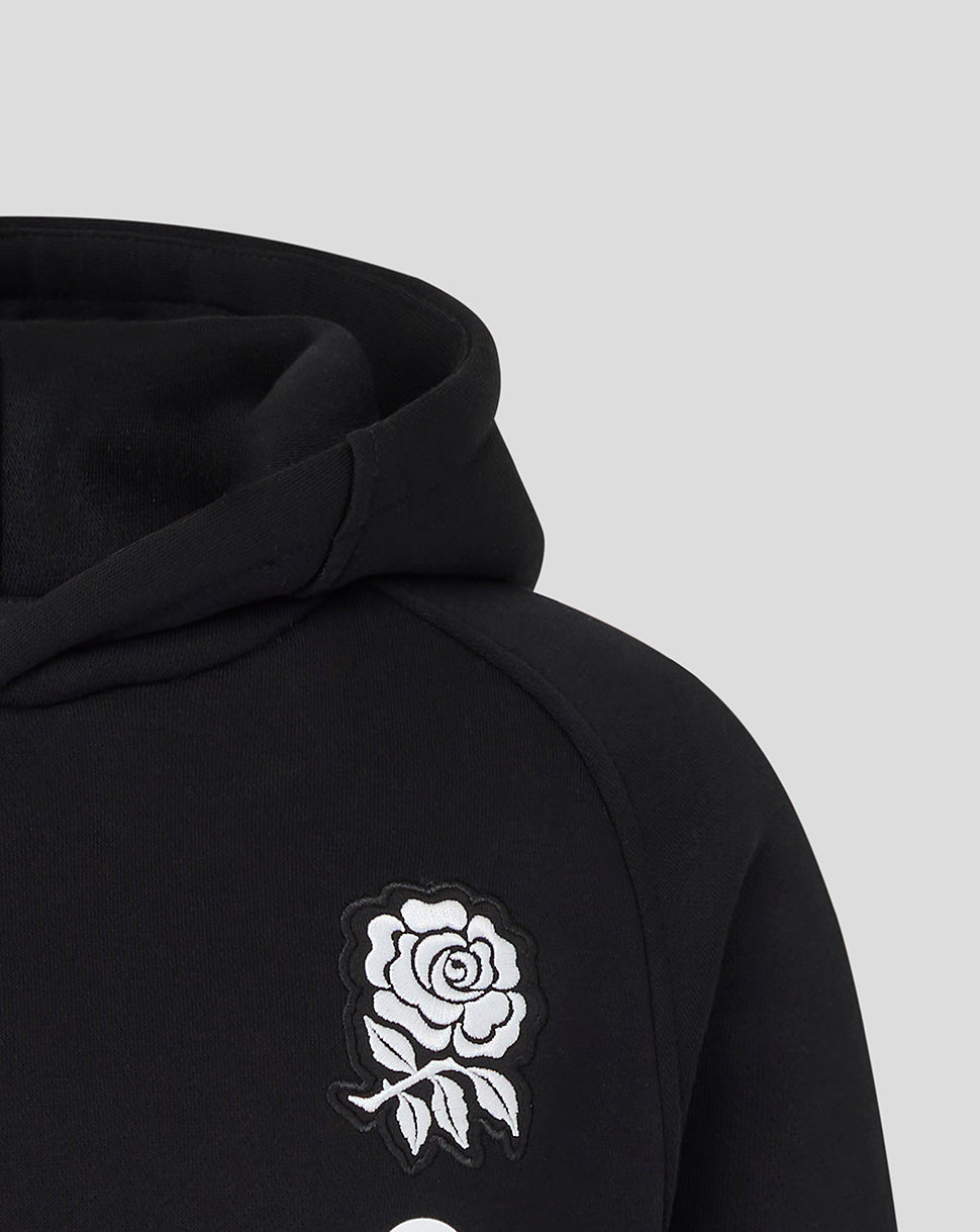 Black hoodie with a white rose design on a light gray background
