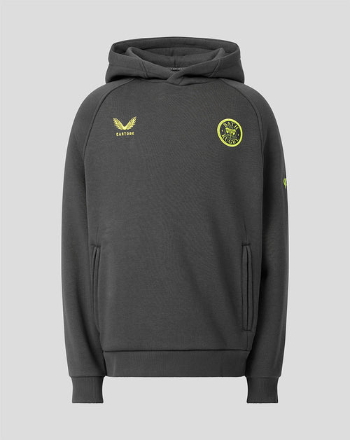 A dark gray hooded sweatshirt with yellow-green graphic logos on the chest, displayed against a solid light gray background.