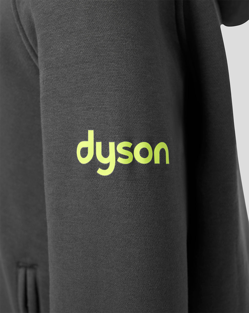 Close-up of a dark gray knit garment with the word 'dyson' printed in bright yellow-green across the chest.