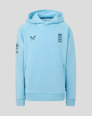 Light blue hoodie with branding on a gray background